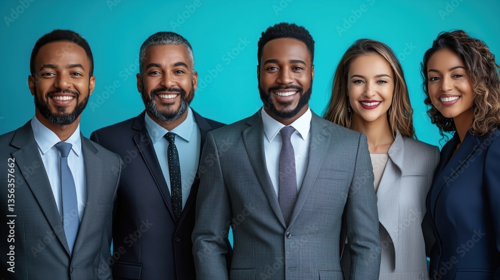 Diverse group of professionals smiling against vibrant blue background Diverse group of professionals smiling against vibrant blue background