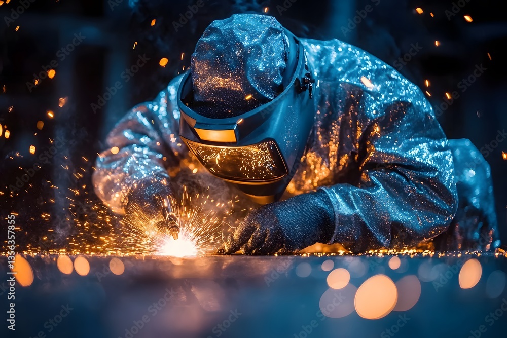 Industrial Welder Working at Night with Sparks in Dark Workshop Perfect for Engineering Posters Industrial Welder Working at Night with Sparks in Dark Workshop Perfect for Engineering Posters