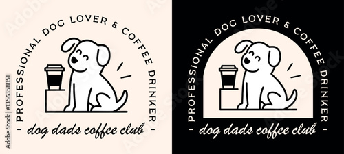 Caffeinated dog dad club funny quotes professional coffee drinker and dogs lover father men shirt design. Cute puppy pet animal retro vintage black aesthetic illustration printable badge poster print.