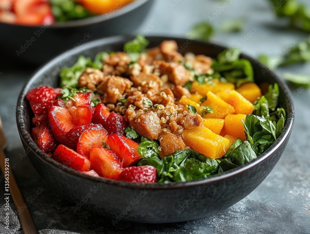 Vibrant fruit and grain bowl with strawberries mango and greens in a dark bowl healthy eating concept Vibrant fruit and grain bowl with strawberries mango and greens in a dark bowl healthy eating concept