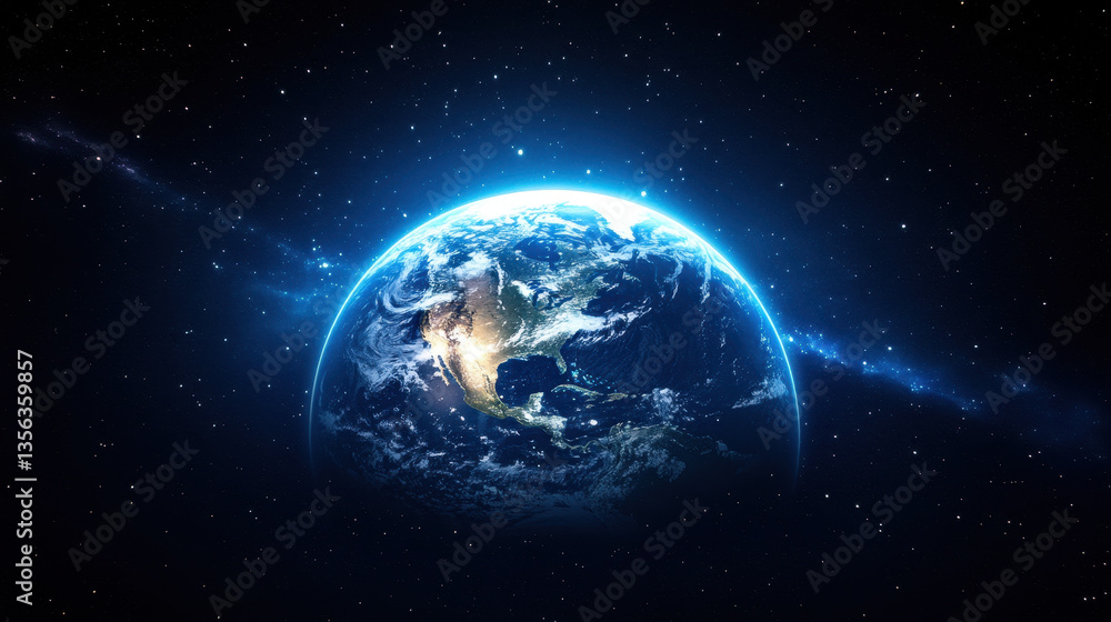 The Earth in space, glowing blue and white, with stars in the background The Earth in space, glowing blue and white, with stars in the background