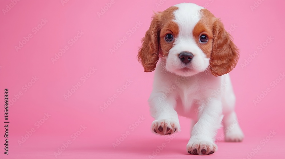 Adorable puppy running on pink background showcasing playful spirit and charm Adorable puppy running on pink background showcasing playful spirit and charm