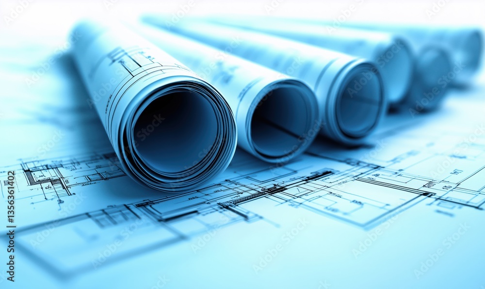 Architectural blueprints rolled up on table showcasing detailed floor plans and designs Architectural blueprints rolled up on table showcasing detailed floor plans and designs