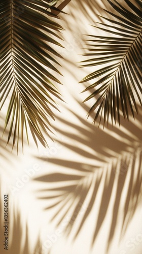 Elegant Palm Fronds Casting Shadows on Textured Beige Wall Creating a Tropical Minimalist Aesthetic with Warm Tones and Natural Light
