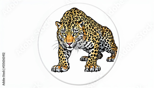 A sprinting cheetah in mid-stride, isolated in a circular sticker design.

 photo
