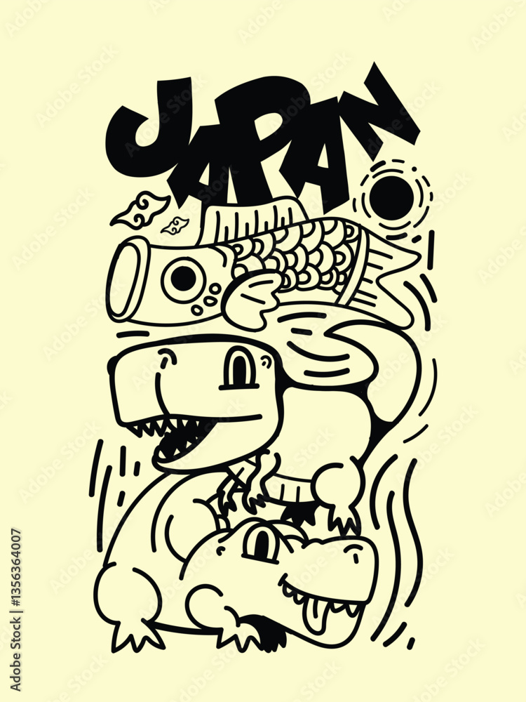 Fototapeta premium japanese theme doodle hand drawn black and white colour 