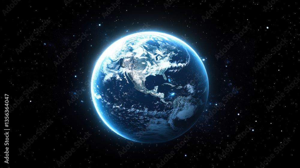 The Earth in space, glowing blue and white, with stars in the background The Earth in space, glowing blue and white, with stars in the background