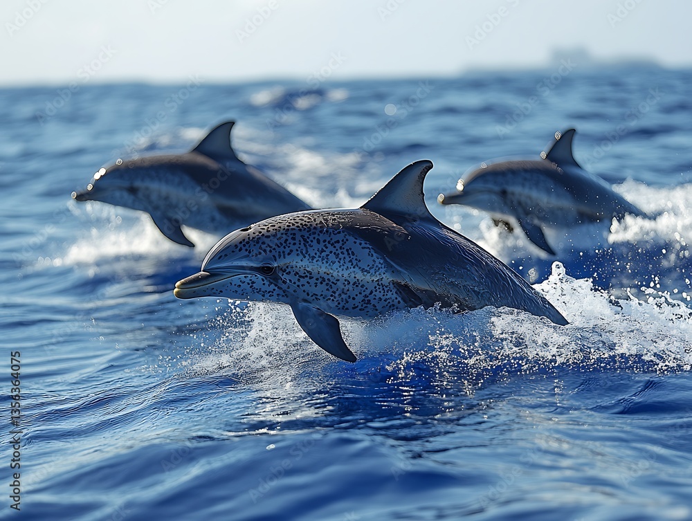 Fototapeta premium Oceanic Dolphins Leaping in Azure Waters.