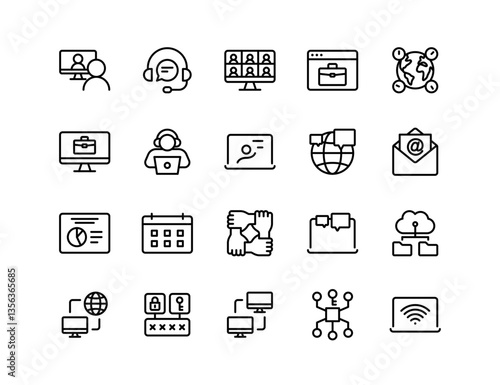 Remote Work Vector Icon Set | Adjustable Line Weight | Telecommuting, webinar, virtual meeting, online collaboration, networking, productivity, video conference, cloud storage, digital workspace icons