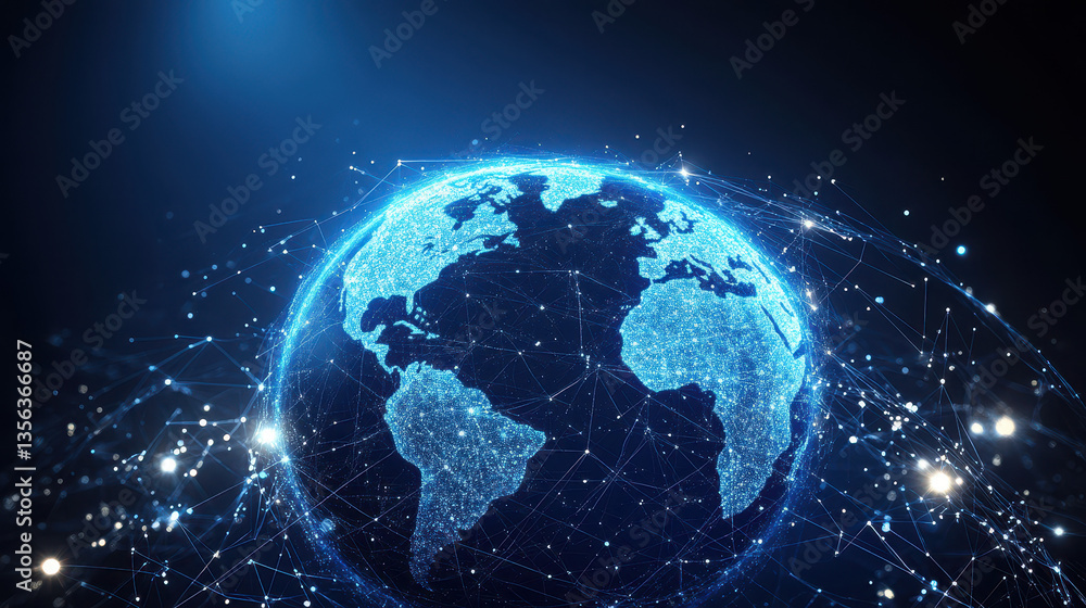 Abstract digital blue Earth with global network connections and data transfer in space on a dark background Abstract digital blue Earth with global network connections and data transfer in space on a dark background
