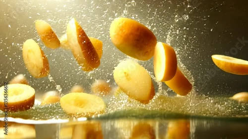 Artistically arranged potatoes and droplets of liquid floating in the air, capturing culinary essence.