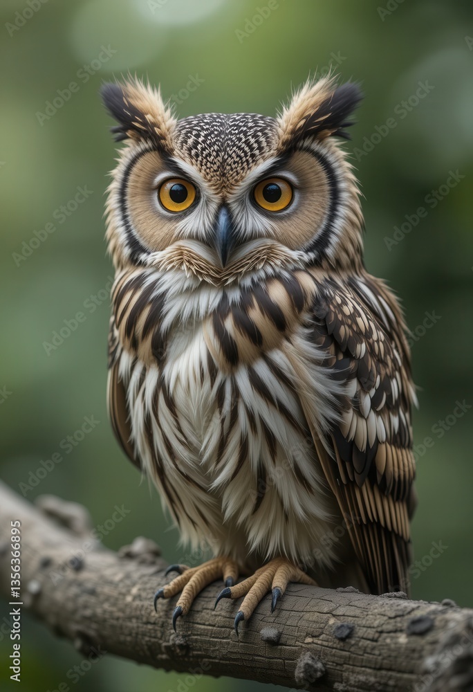 Majestic Owl Perched on Branch in Lush Green Forest, Showcasing Intricate Feather Patterns and Intense Gaze..** Majestic Owl Perched on Branch in Lush Green Forest, Showcasing Intricate Feather Patterns and Intense Gaze..**