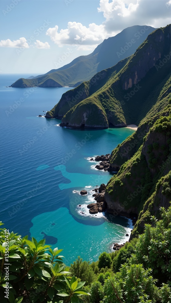 Fototapeta premium Indonesian Komodo Island Coast showcases stunning cliffs and turquoise waters. Concept of Indonesian Komodo Island Coast captures breathtaking landscape full of natural beauty.