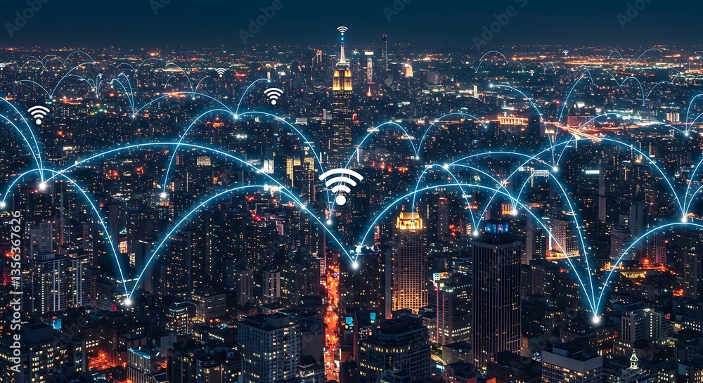 Obraz premium Futuristic City Skyline with Glowing High-Speed Wireless Connections – Next-Gen Network Technology