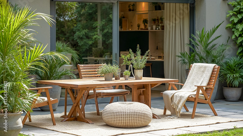 salon de jardin avec table et fauteuils en tek, pouf, plante et porte vitrée en arrière-plan