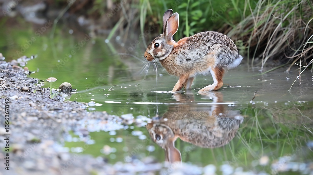 Obraz premium Rabbit carefully stepping through a shallow stream its reflection shimmering in the rippling water