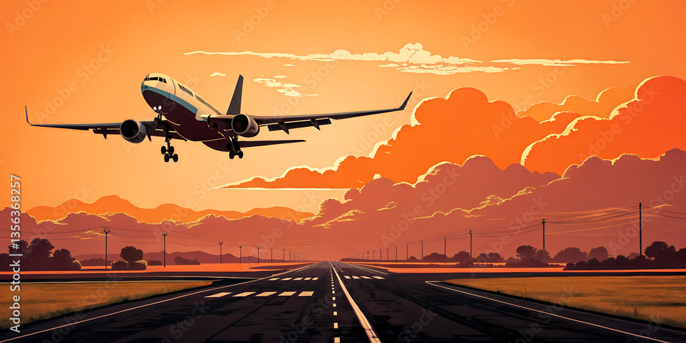 Fototapeta premium Airplane Landing at Sunset – Scenic Runway Approach