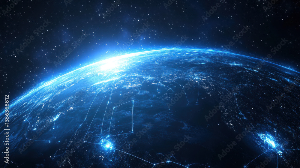Fototapeta premium Blue, glowing light lines on Earth from space, a global network concept with the planet Earth and a starry sky background