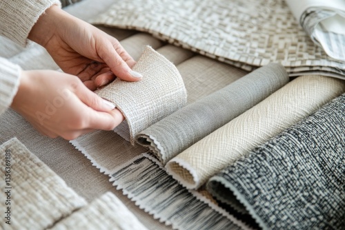 Interior designer examining fabric swatches.  Hands carefully hold a piece of fabric, comparing it with other samples.  Neutral tones and textures