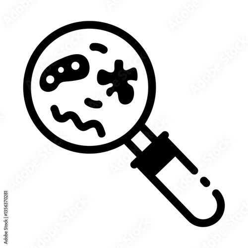 A line style icon of a magnifying glass depicting microbiology 
