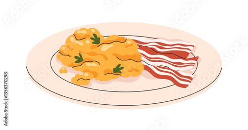 Scrambled eggs with bacon served on plate. Classic breakfast dish, crispy pork slices. Traditional delicious morning meal, cooked food. Flat graphic vector illustration isolated on white background