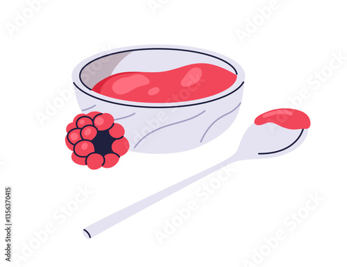 Raspberry jam in bowl with spoon and red berry. Sweet preserve, fruit jelly marmalade, sugar confiture. Natural dessert topping, spread, syrup. Flat vector illustration isolated on white background