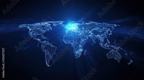 A digital world map glowing in blue light, representing global connectivity and technology's impact on the planet