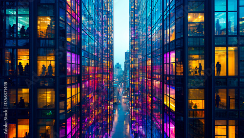 glass windows of an office or residential building. silhouettes in colored windows. night lifestyle. Generative Ai