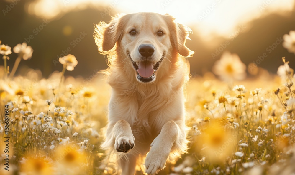 Golden retriever running joyfully through a field of wildflowers at sunset Golden retriever running joyfully through a field of wildflowers at sunset