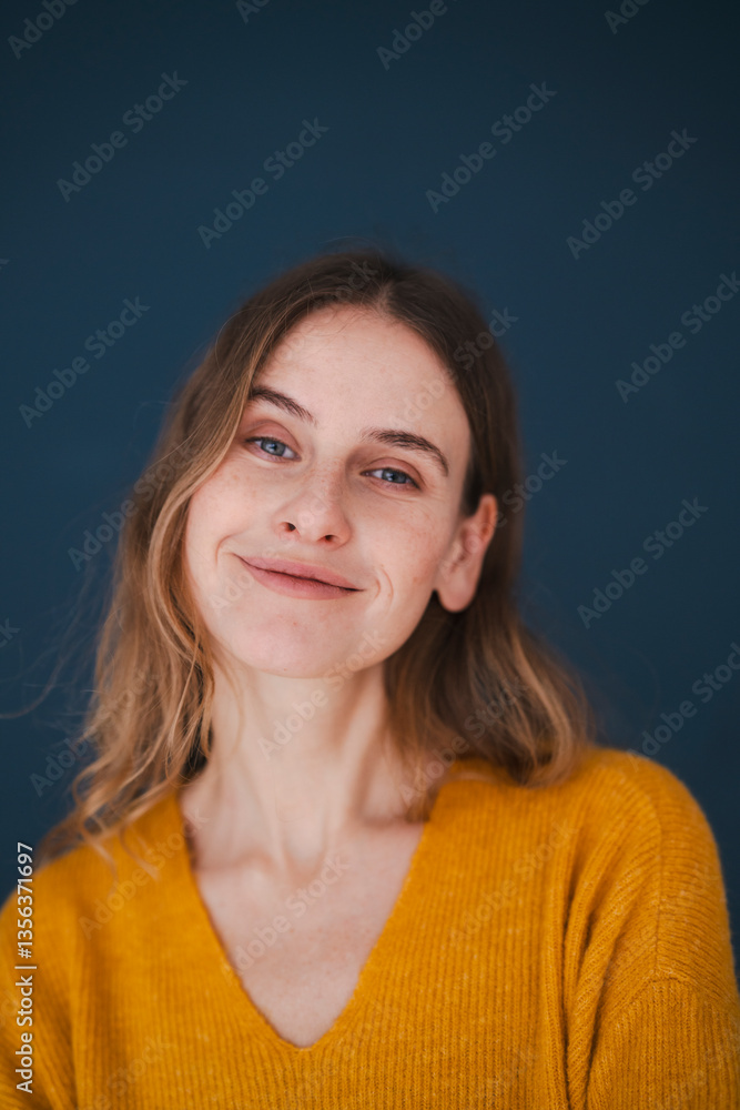 Portrait of a self-confident woman in a yellow sweater smiling at the camera Portrait of a self-confident woman in a yellow sweater smiling at the camera