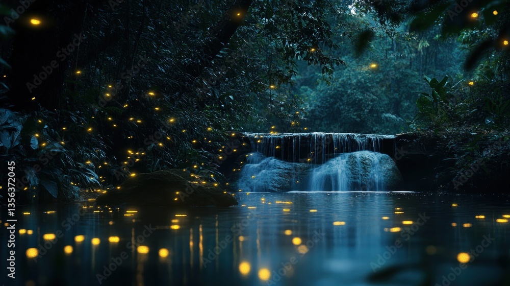 Fototapeta premium Enchanted evening, Fireflies illuminate a waterfall in a serene forest