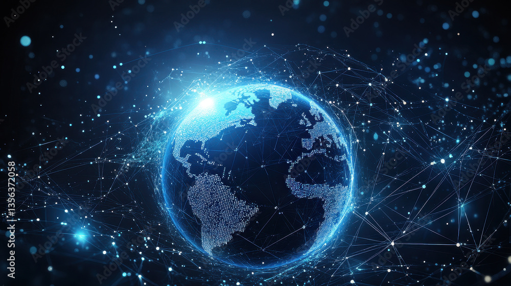Abstract digital blue Earth with global network connections and data transfer in space on a dark background Abstract digital blue Earth with global network connections and data transfer in space on a dark background