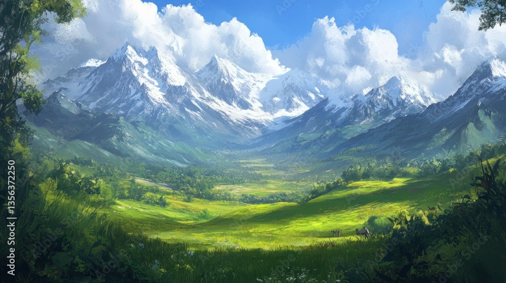 Obraz premium Serene alpine valley panorama with snow capped peaks and vibrant meadows