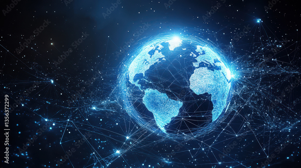 Abstract digital blue Earth with global network connections and data transfer in space on a dark background Abstract digital blue Earth with global network connections and data transfer in space on a dark background