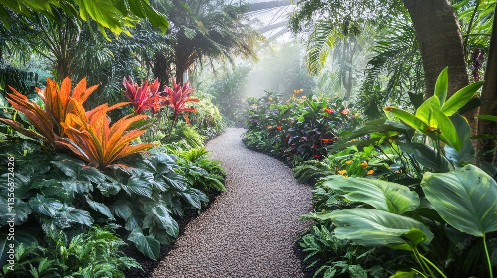 Obraz premium Enchanting botanical garden path with vibrant tropical flora and soft mist
