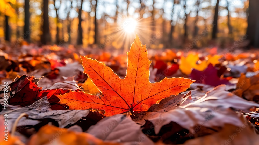 Vibrant orange maple leaf on autumn forest floor, sun shining. Vibrant orange maple leaf on autumn forest floor, sun shining.