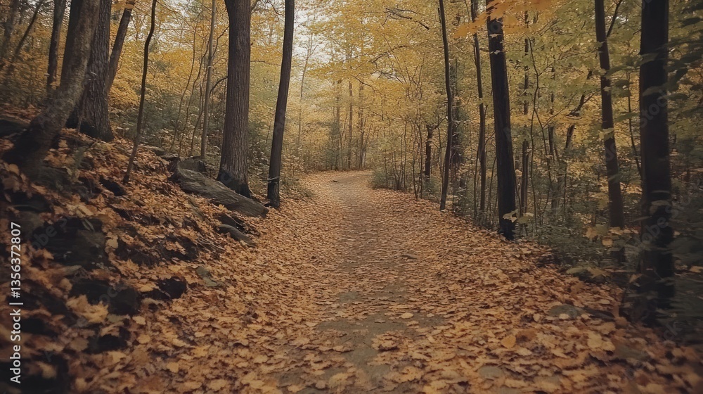 Obraz premium Golden path through autumnal woods covered with colorful fallen foliage