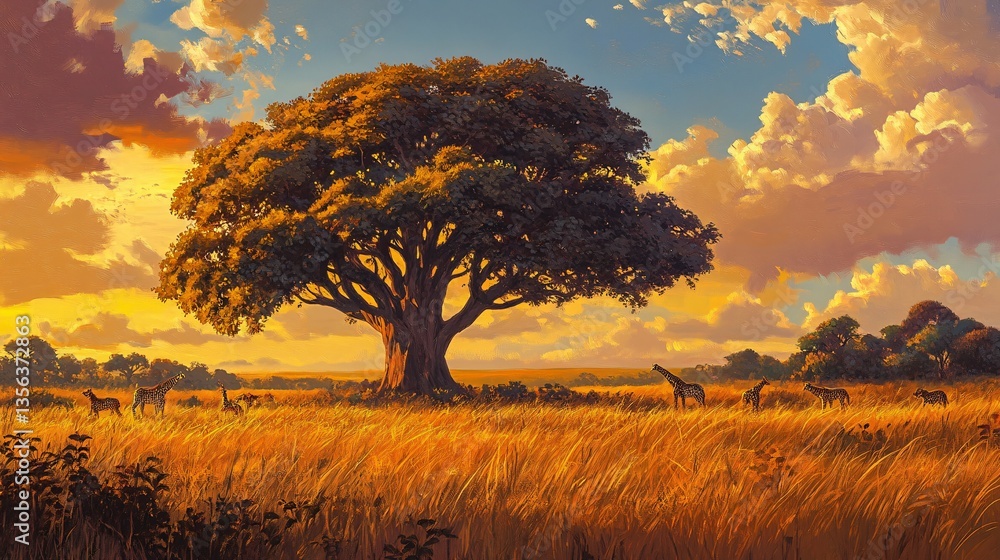 Fototapeta premium A beautiful savanna landscape featuring a majestic tree and wildlife