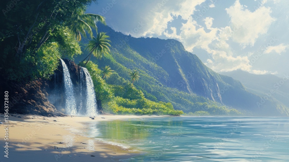 Fototapeta premium Serene paradise cascade at tropical beach coastline scenery