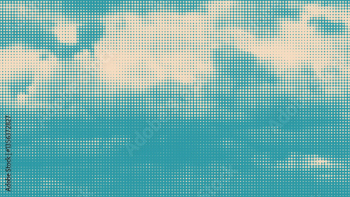 Color halftone texture of blue sky with clouds. Abstract cloud pattern vector dotted pixel texture background with copy space. Vintage cloudy sky 