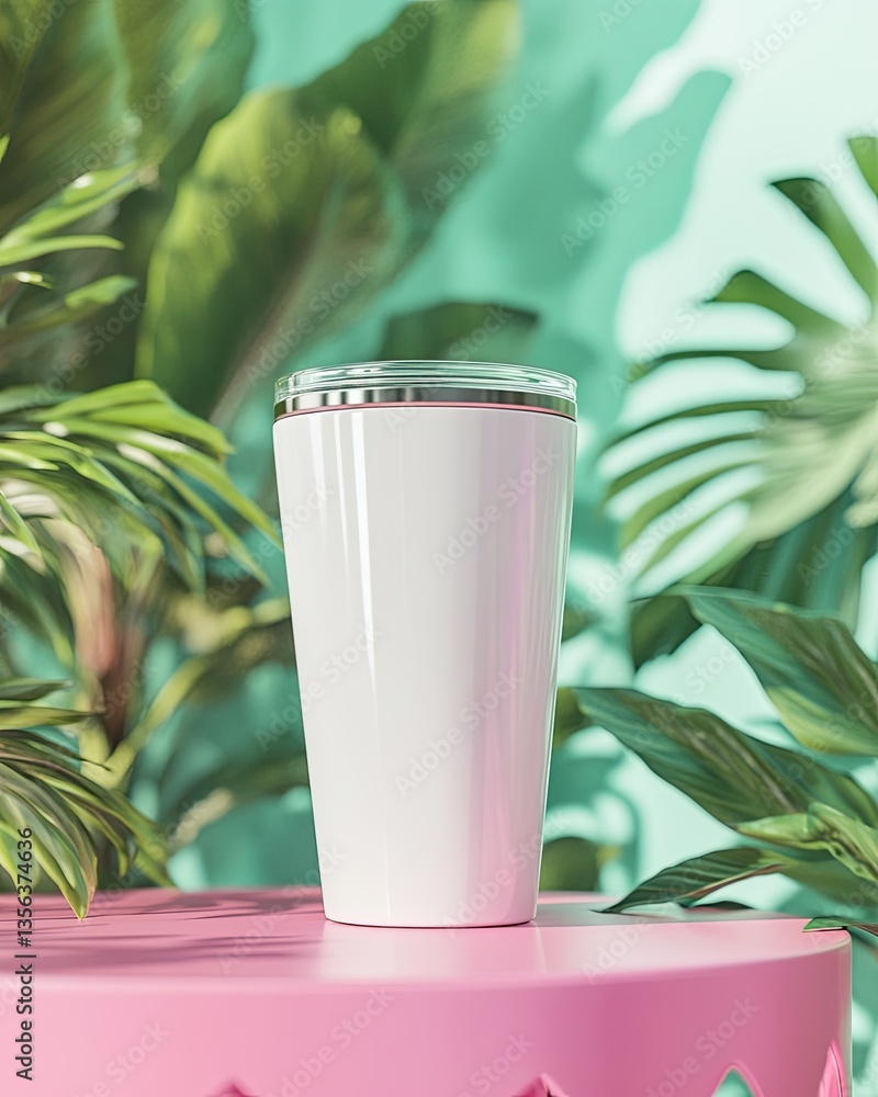 White tumbler on a pink table surrounded by tropical plants White tumbler on a pink table surrounded by tropical plants