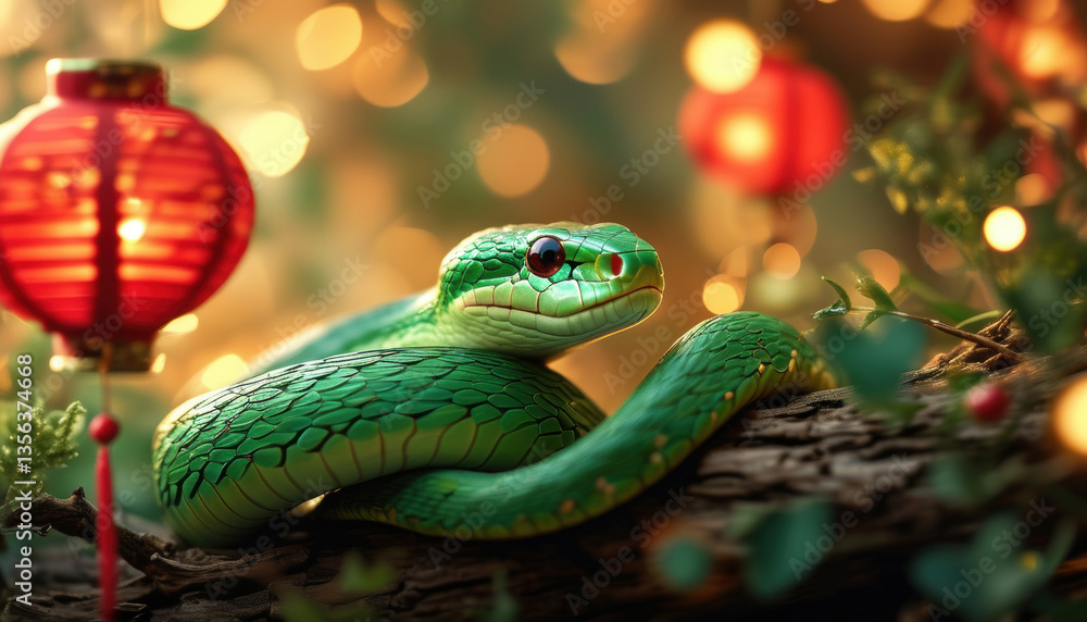 Fototapeta premium Celebrating the year of the green wooden snake with lanterns and festive lights