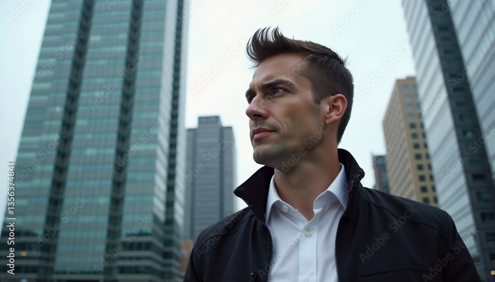 Confident man in a sleek jacket standing in an urban skyline during cloudy afternoon Confident man in a sleek jacket standing in an urban skyline during cloudy afternoon