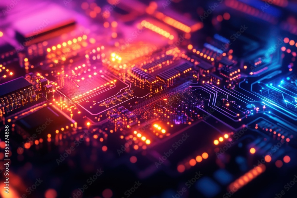 Fototapeta premium An abstract close-up of a vibrant electronic circuit board illuminated in neon colors at night