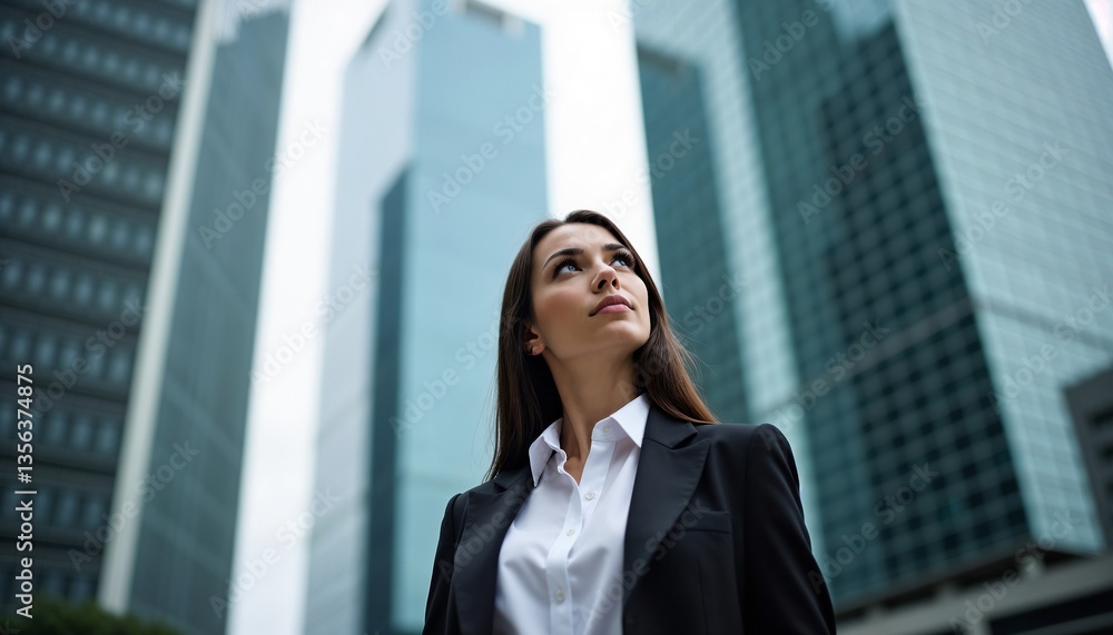 Confident businesswoman looking upward in a modern urban environment Confident businesswoman looking upward in a modern urban environment