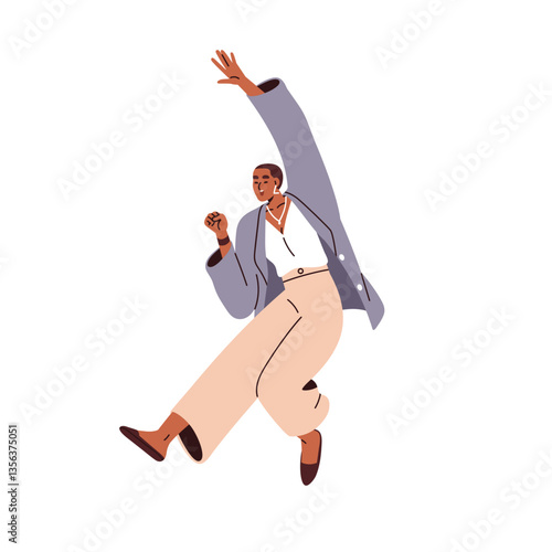 Happy business woman jumping with arm up. Excited smiling office worker celebrating career success in joyful pose. Female employee rejoicing. Flat vector illustration isolated on white background