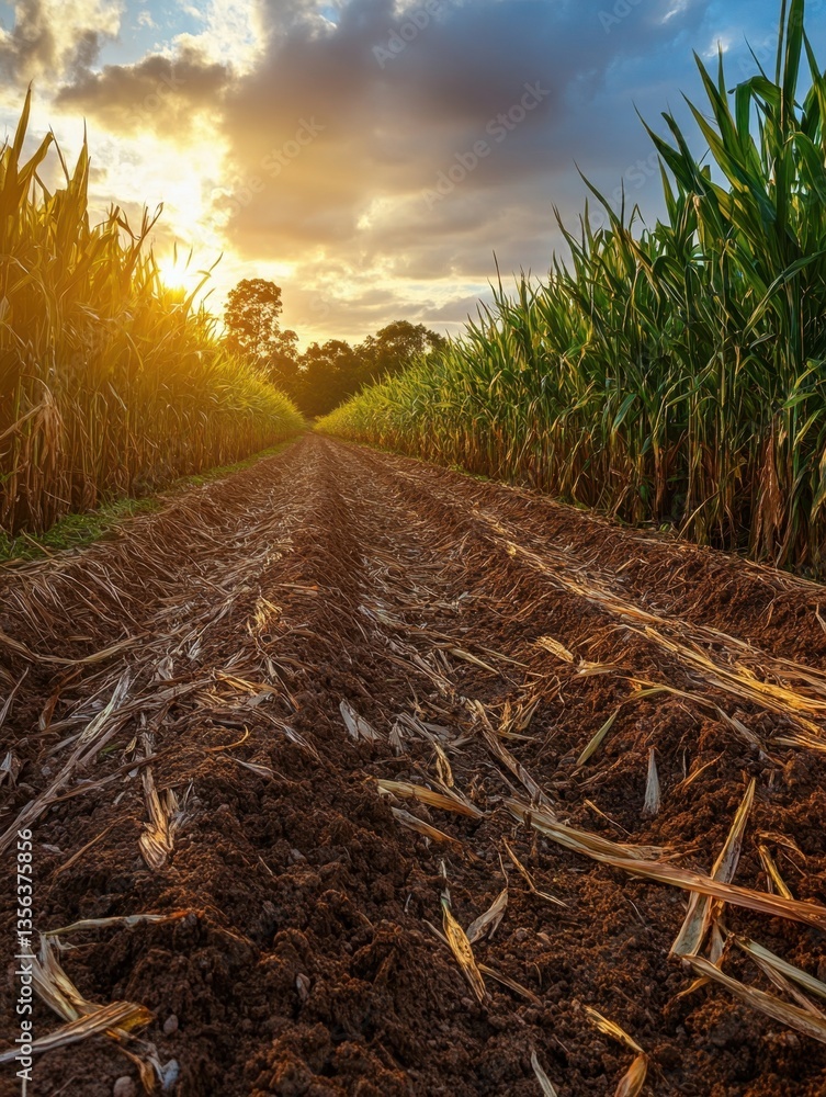 Fototapeta premium Golden hour sunlight over cornfield rows with rich soil and dramatic sky creating a rural agricultural landscape