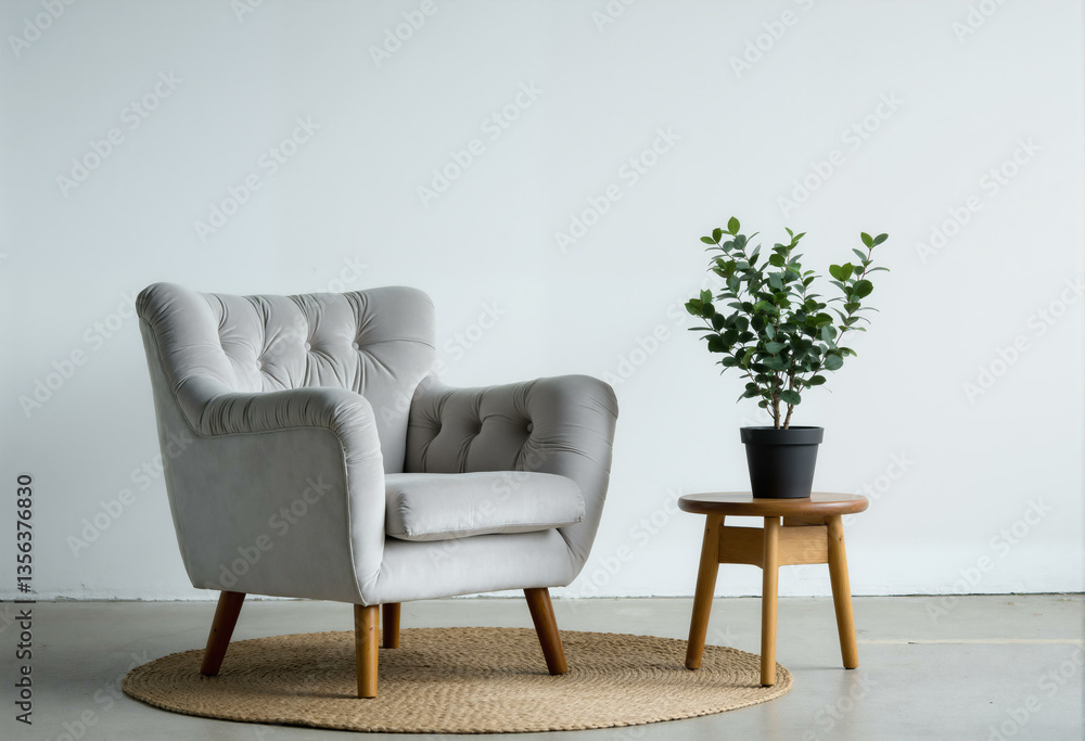 Fototapeta premium Grey armchair with coffee table and home plant. Minimalistic cozy living room interior with comfortable furniture, modern apartment decor