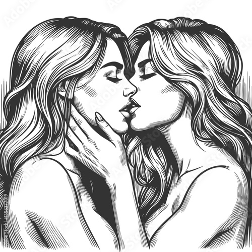 two women sharing a passionate kiss, evoking a vintage aesthetic with deep emotion and intimacy sketch engraving generative ai vector illustration. Scratch board imitation. Black and white image.