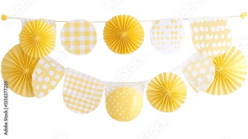 Yellow paper fan and gingham bunting garland.